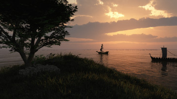 Картинка 3д+графика nature landscape+ природа лодки дерево море облака