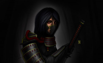 Картинка фэнтези девушки броня самурай девушка темный фон повязка меч катана
