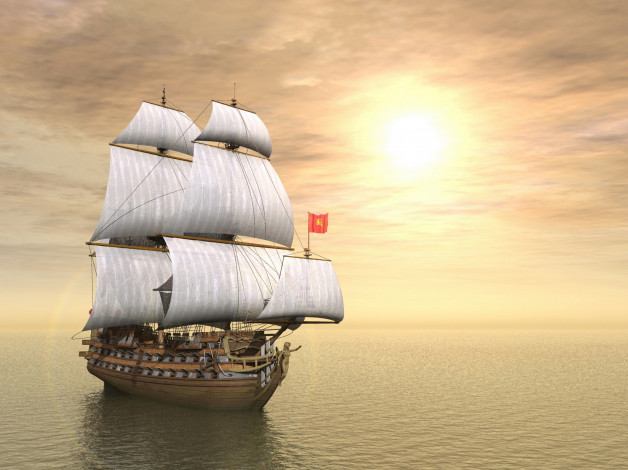 Обои картинки фото корабли, 3d, океан, корабль, парусник, мачты, паруса, пушки, небо, солнце
