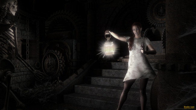 Обои картинки фото 3д графика, fantasy , фантазия, девушка, фонарь, скелет, страх