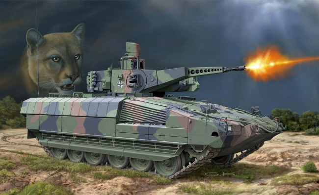 Обои картинки фото рисованные, армия, пума, горный, лев, кугуар, танк