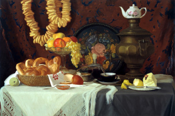 Картинка рисованное еда станислав москвитин масло художник холст мандарины виноград ваза выпечка сдобная баранки чай груши яблоки фрукты самовар столе на натюрморт painting