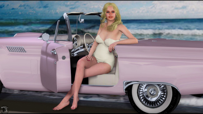 Обои картинки фото автомобили, 3d car&girl, девушка, блондинка, взгляд, фон, автомобиль