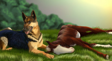 Картинка рисованное животные луг лошадка собака
