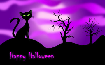 Картинка праздничные хэллоуин кошка happy halloween черная ночь