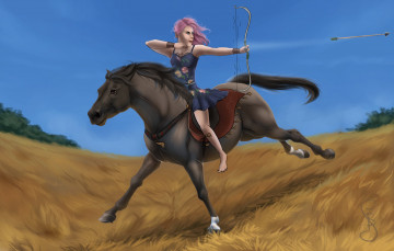 Картинка рисованное животные +лошади взгляд луг девушка лошадь лук фон галоп