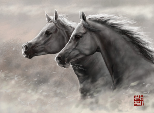 Обои картинки фото рисованное, животные,  лошади, пара, ветер, кони, лошади