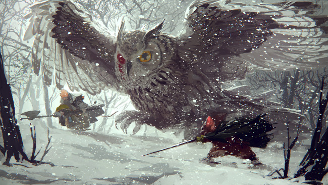 Обои картинки фото рисованное, животные, снег, зима, лес, сова, арт, nenenoa, сабля, мышь