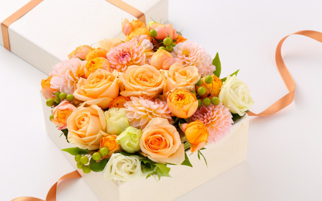 Обои картинки фото цветы, букеты,  композиции, roses, bouquets, георгины, gift, розы, dahlias, подарок