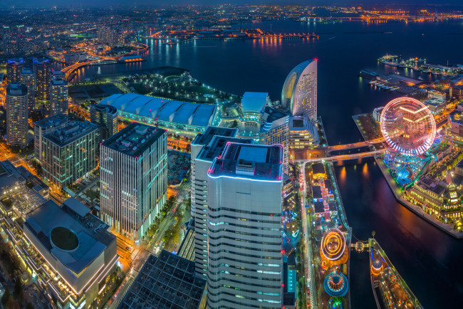 Обои картинки фото города, йокогама , Япония, небоскрёбы, здания, ночной, город, токийский, залив, панорама, иокогама, минато, мирай, 21, tokyo, bay, japan, yokohama, minato, mirai