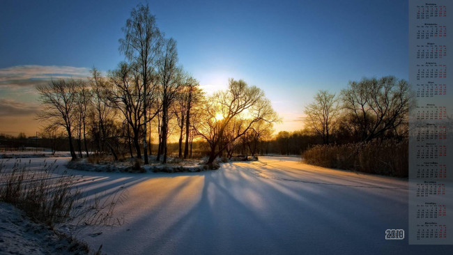 Обои картинки фото календари, природа, 2018, снег, деревья