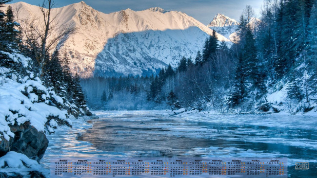Обои картинки фото календари, природа, снег, гора, деревья, водоем, 2018