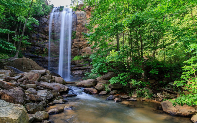 Обои картинки фото природа, водопады, лес, река, камни, скалы, водопад