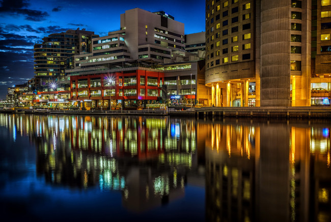 Обои картинки фото города, мельбурн , австралия, отражение, река, огни, вечер