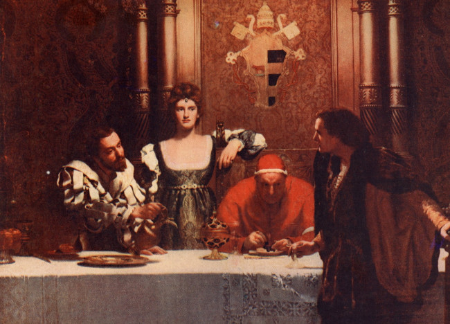 Обои картинки фото a glass of wine with caesar borgia - john collier, рисованное, живопись, люди, стол