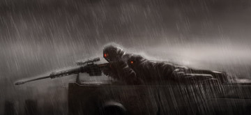 Картинка фэнтези люди снайпер винтовка оптический прицел дождь позиция