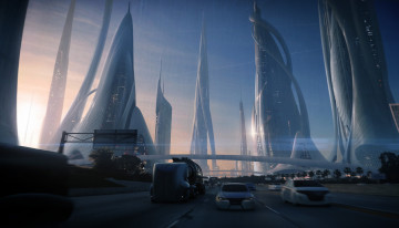 Картинка фэнтези иные+миры +иные+времена автомобили будущее небоскребы