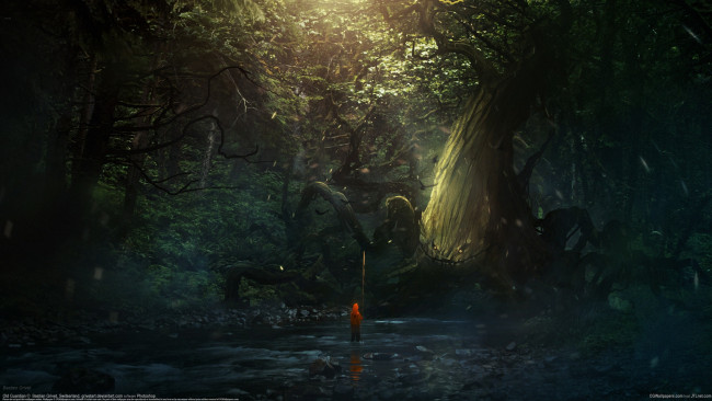 Обои картинки фото bastien grivet, фэнтези, красавицы и чудовища, девочка, река, дерево, лес, bastien, grivet