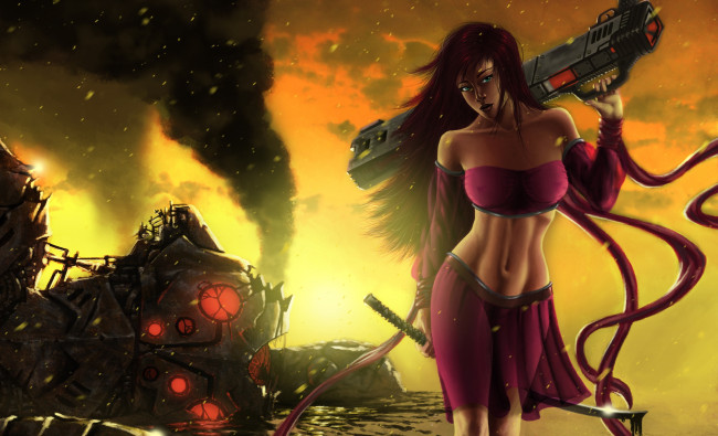 Обои картинки фото фэнтези, девушки, базука, девушка, робот, взорваный, дым, меч
