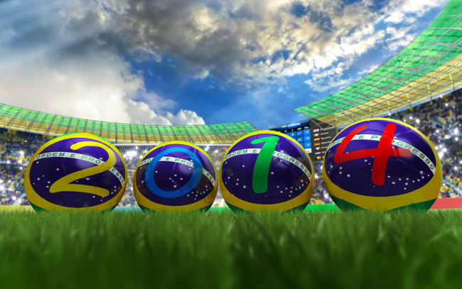 Обои картинки фото праздничные, 3д графика , новый год, мячи, стадион, облака, бразилия, 2014