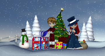 Картинка 3д+графика праздники+ holidays подарки елка снеговик