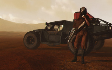 Картинка 3д+графика фантазия+ fantasy фон автомобиль взгляд девушка оружие