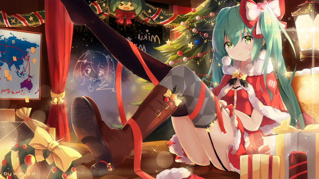 Обои картинки фото аниме, vocaloid, рождество, kuroi, asahi, hatsune, miku