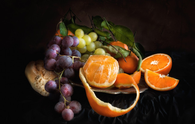Обои картинки фото еда, фрукты,  ягоды, натюрморт, виноград, апельсин