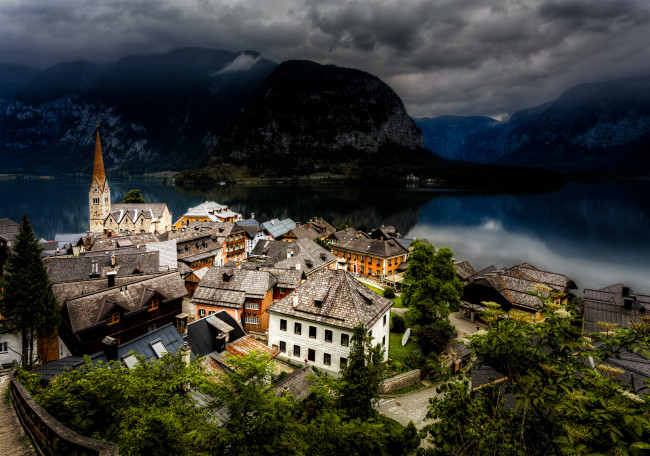 Обои картинки фото austrian pastoral, города, - пейзажи, озеро, горы, городок