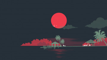 Картинка векторная+графика природа+ nature ночь облака пальмы луна море