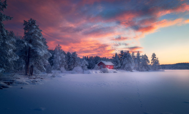 Обои картинки фото природа, восходы, закаты, зима, закат, снег, лес, небо, норвегия, дом, ringerike, norway