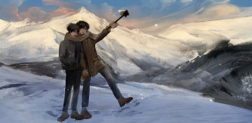 Картинка рисованное люди парни селфи горы снег