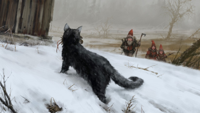 Обои картинки фото рисованное, животные, lucky, day, jakub, rozalski, гномы, кот