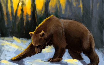 обоя рисованное, животные,  медведи, медведь, снег