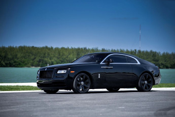 Картинка rolls-royce+wraith автомобили rolls-royce черный площадка озеро лес