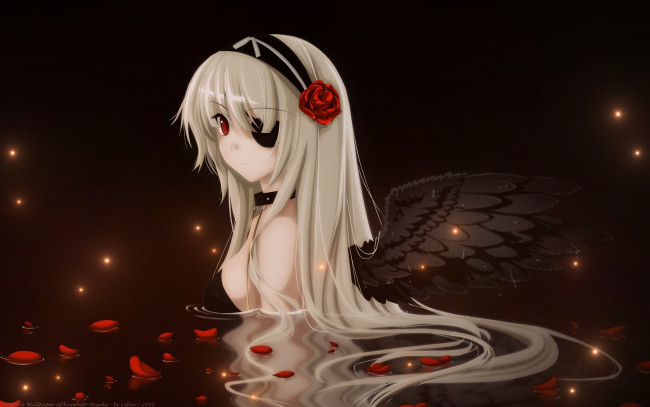Обои картинки фото аниме, kurehito, misaki, mangaka, крылья, роза, лепестки, вода, девушка, темный, ангел