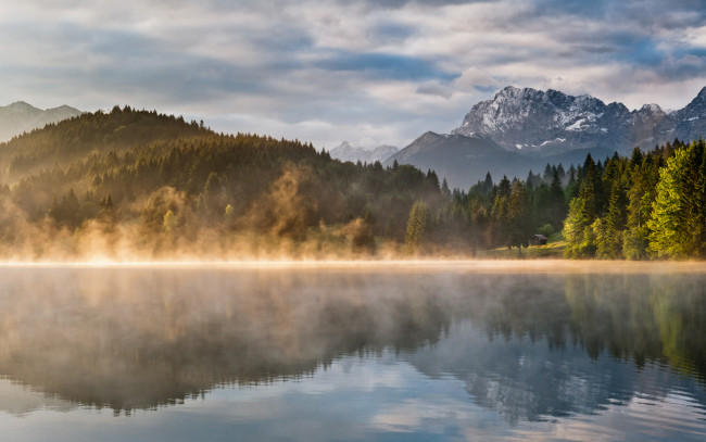 Обои картинки фото природа, реки, озера, озеро, вода, туман, горы