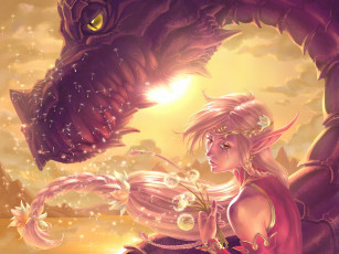 Картинка фэнтези красавицы чудовища дракон эльфийка