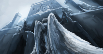 Картинка фэнтези ангелы врата зима крылья замок ангел
