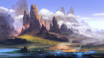 Картинка фэнтези пейзажи горы долина ручей пейзаж дымка скалы