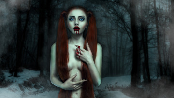 обоя фэнтези, вампиры, кровь, снег, лес, обнаженная, девушка, вампир