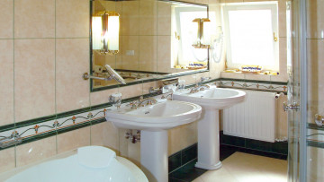 Картинка интерьер ванная+и+туалетная+комнаты раковины душ свет плитка джакузи окно зеркало ванная