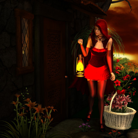 Обои картинки фото 3д графика, fantasy , фантазия, девушка, фонарь, корзина, цветы