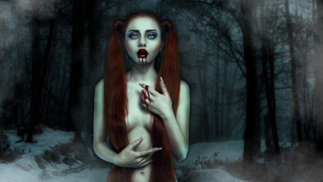 Обои картинки фото фэнтези, вампиры, кровь, снег, лес, обнаженная, девушка, вампир