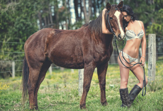 Картинка девушки -unsort+ брюнетки +шатенки девушка травка лошадь стоит брюнетка модель