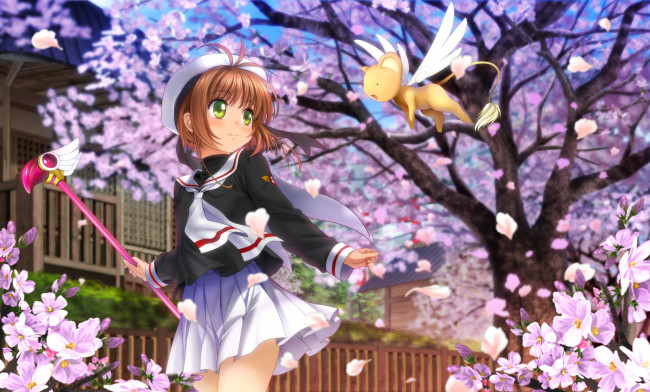 Обои картинки фото аниме, card captor sakura, сакура, форма, посох, цветы, девочка, существо, цветение, улица, весна