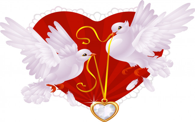 С День святого Валентина открытки - белый фон сердце окружено цветы, голуби, букв.