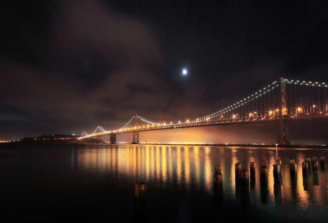 Обои картинки фото города, - мосты, ночь, огни, река, san, francisco, сваи, south, beach, мост, usа