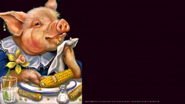 Картинка календари рисованные +векторная+графика стакан тарелка цветок поросенок кукуруза свинья