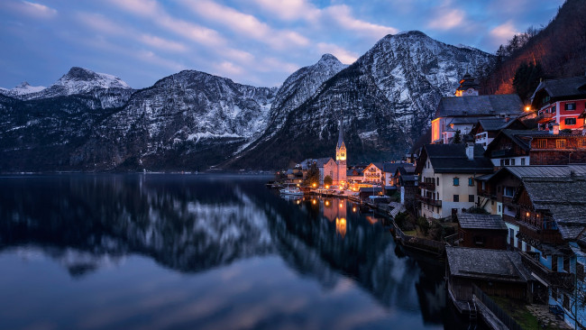 Обои картинки фото города, гальштат , австрия, горы, отражение, озеро
